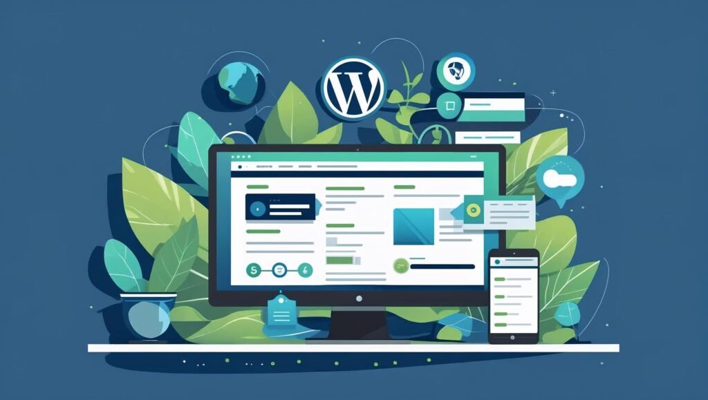 How to Make a WordPress Website in 2025 showing a desktop and mobile screen with modern design icons and WordPress logo.