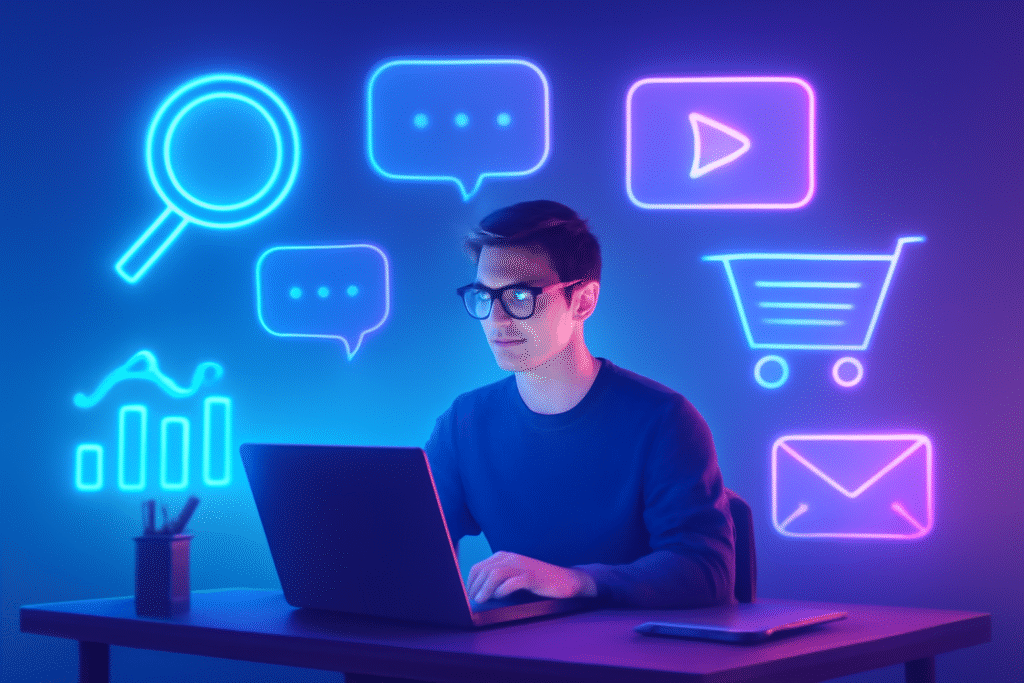 Young professional learning how to start digital marketing guide for beginners with holographic icons of SEO, social media, email marketing, and e-commerce.